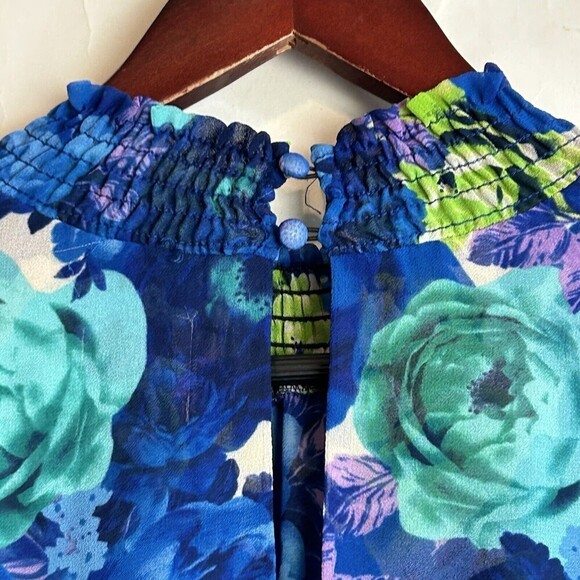 MISA Los Angeles Rania Chiffon Smock Neck Asymmetrical Midi Dress Blue Floral M - Picture 11 of 12